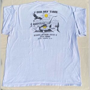 Vintage 90s Oneita Power T White Graphic Riverside State Prison Construction XL